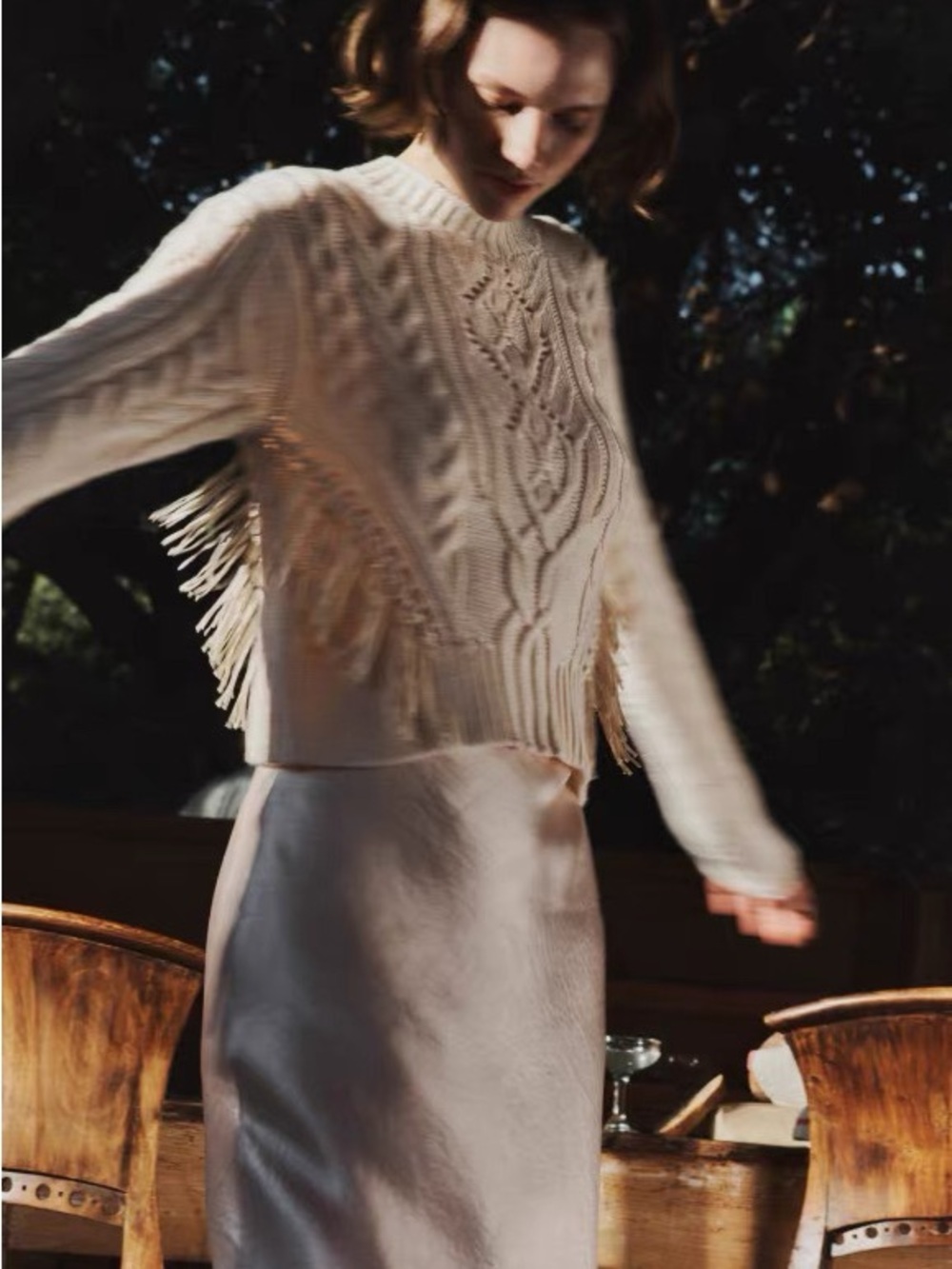 NWT $445 Vince Fringed Merino Wool-Cashmere Blend Cable Knit Sweater in Cream